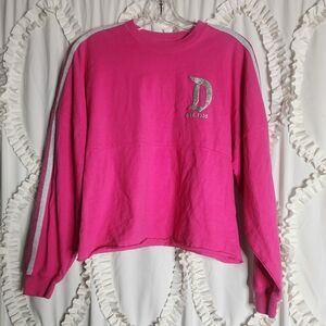 Disneyland Sz Small Pink Glitter Silver Spell Out Spirit Jersey Cropped